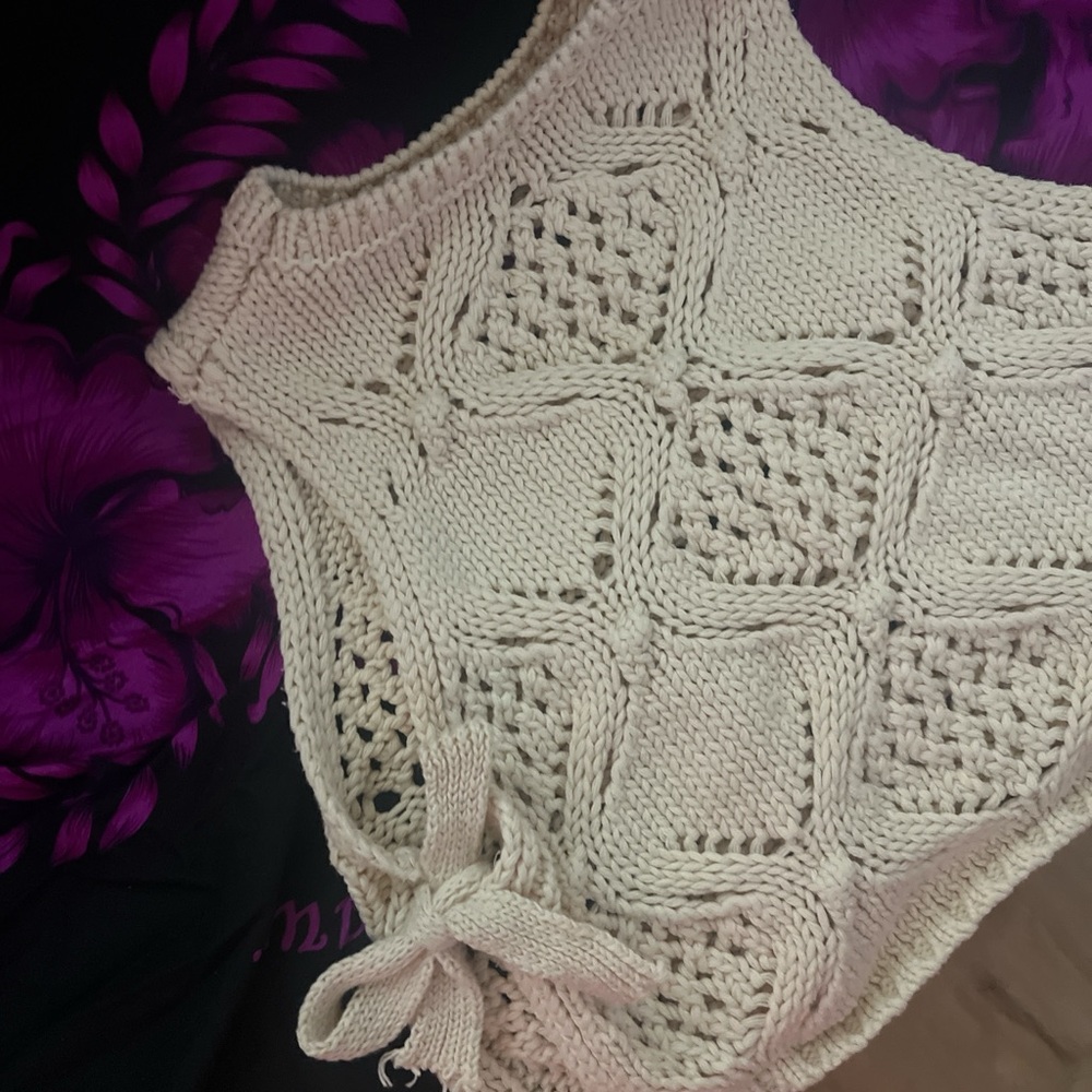 Cream Hand-Knit Cropped Tank with Side Tie